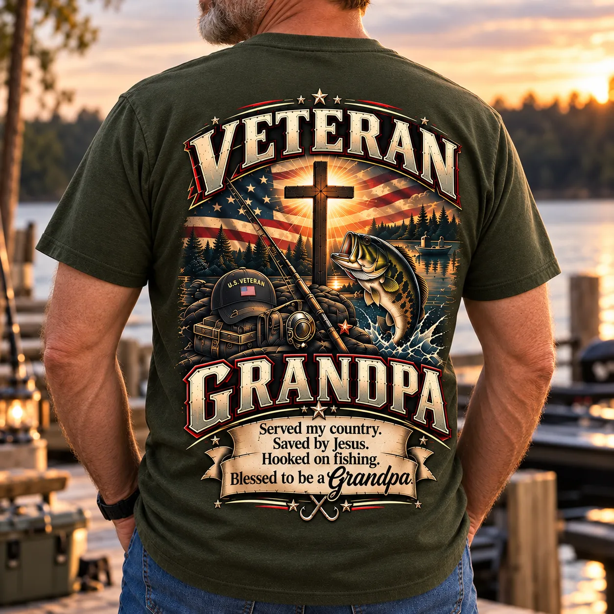 Veteran Grandpa Fishing T-Shirt, Saved by Jesus, Blessed to Be a Grandpa Front and Back Design