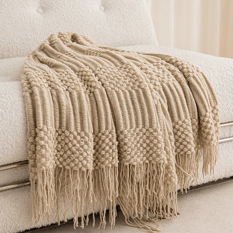 Knitted Acrylic Throw Blanket with Tassels